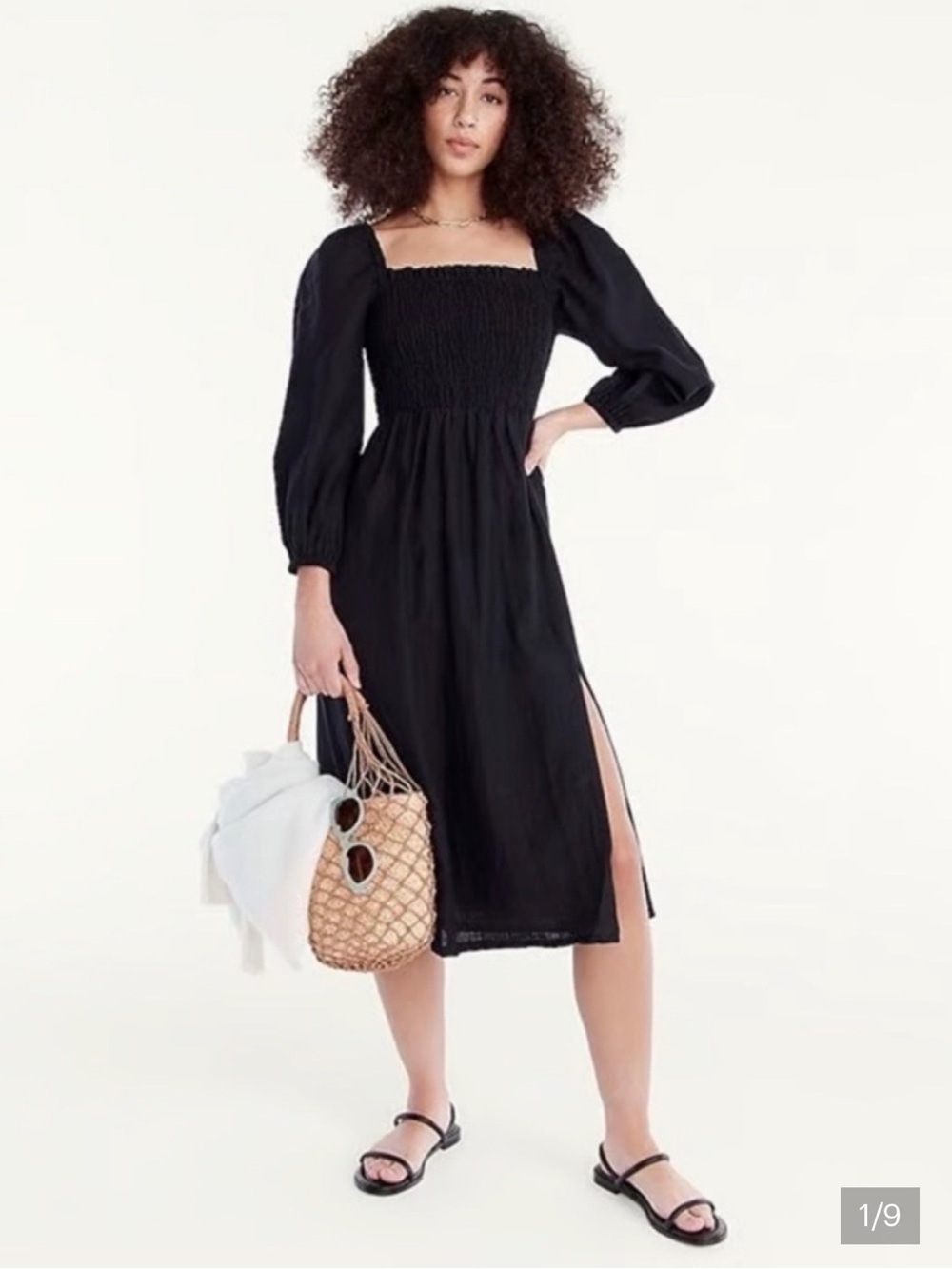 J. Crew Black Smocked Square-Neck Midi Linen Dress